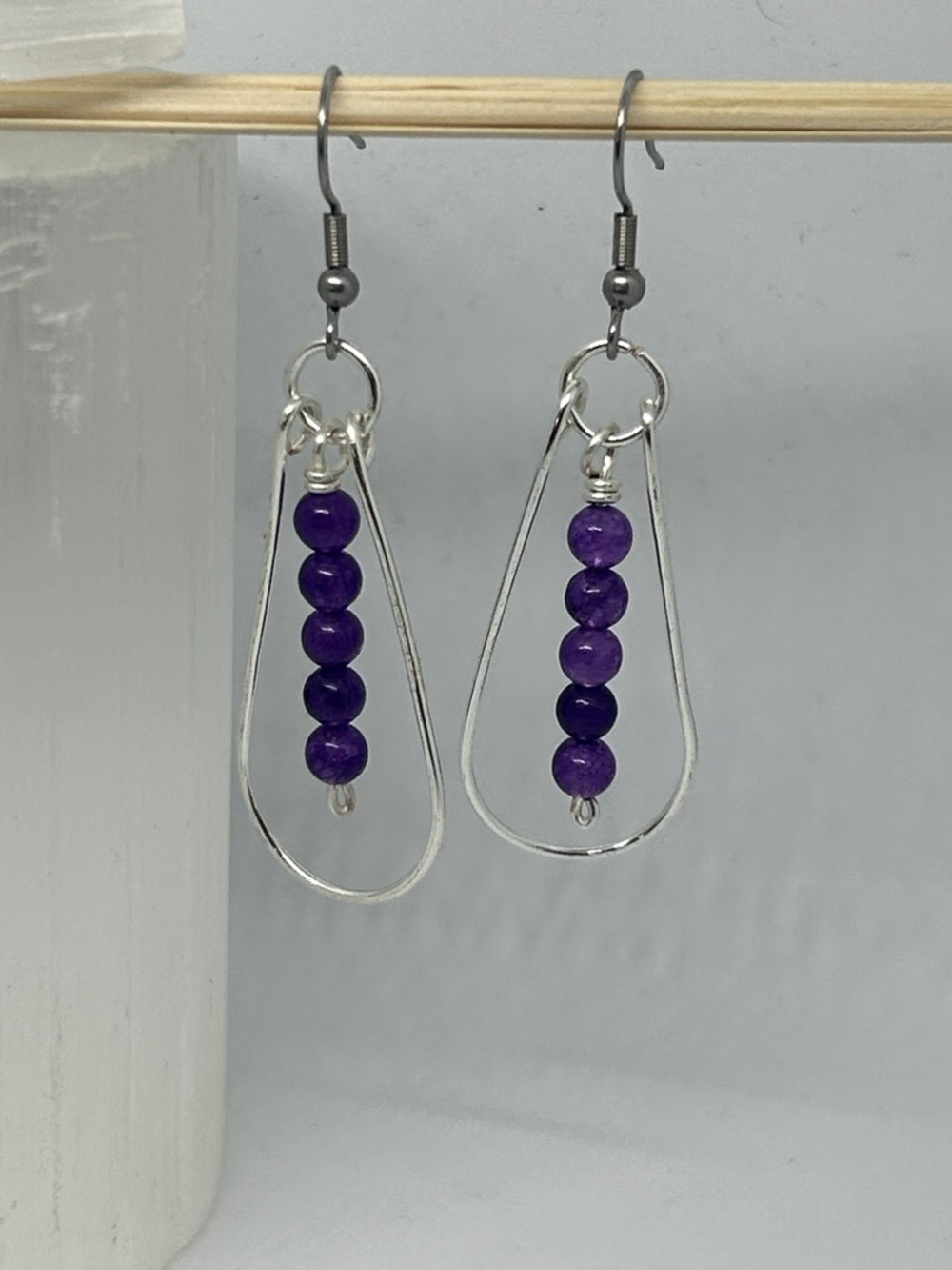 Handcrafted Purple amethyst Bead Drop Earrings - Silver Teardrop Frame